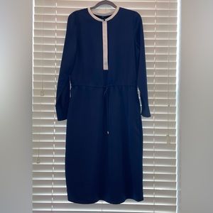 NWOT Navy knee length jaw string dress with white trimming